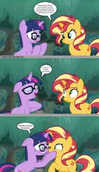 Size: 1141x1985 | Tagged: safe, artist:silverbuller, derpibooru import, edit, edited edit, edited screencap, editor:enrique zx, screencap, sci-twi, sunset shimmer, twilight sparkle, ponified, pony, unicorn, equestria girls, equestria girls series, spring breakdown, spoiler:eqg series (season 2), comic, dialogue, duo, equestria girls ponified, face grab, glasses, image, png, screencap comic, spanish, speech bubble, translation, unicorn sci-twi, we don't normally wear clothes