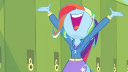 Size: 3410x1920 | Tagged: safe, derpibooru import, screencap, trixie, best trends forever, equestria girls, equestria girls series, best trends forever: rainbow dash, clothes, cutie mark, cutie mark on clothes, female, hoodie, image, jpeg, lockers, nose in the air, open mouth, solo