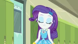 Size: 3410x1920 | Tagged: safe, derpibooru import, screencap, rarity, best trends forever, equestria girls, equestria girls series, best trends forever: rainbow dash, bracelet, clothes, cutie mark, cutie mark on clothes, eyes closed, female, geode of shielding, hairpin, image, jewelry, jpeg, lockers, magical geodes, rarity peplum dress, smiling, solo