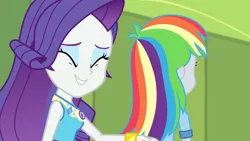Size: 3410x1920 | Tagged: safe, derpibooru import, screencap, derpy hooves, rarity, best trends forever, equestria girls, equestria girls series, best trends forever: rainbow dash, bracelet, clothes, cutie mark, cutie mark on clothes, eyes closed, faceless female, female, geode of shielding, image, jewelry, jpeg, lockers, magical geodes, offscreen character, rarity peplum dress, smiling