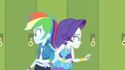 Size: 3410x1920 | Tagged: safe, derpibooru import, screencap, rainbow dash, rarity, best trends forever, equestria girls, equestria girls series, back to back, best trends forever: rainbow dash, bracelet, clothes, female, geode of shielding, geode of super speed, hoodie, image, jewelry, jpeg, lockers, magical geodes, necklace, rarity peplum dress