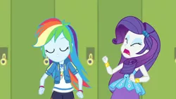 Size: 3410x1920 | Tagged: safe, derpibooru import, screencap, rainbow dash, rarity, best trends forever, equestria girls, equestria girls series, best trends forever: rainbow dash, bracelet, clothes, eyes closed, female, geode of super speed, hairpin, hoodie, image, jewelry, jpeg, lockers, magical geodes, necklace, open mouth, rarity peplum dress