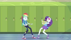 Size: 3410x1920 | Tagged: safe, derpibooru import, screencap, rainbow dash, rarity, best trends forever, equestria girls, equestria girls series, best trends forever: rainbow dash, bracelet, clothes, female, geode of shielding, geode of super speed, high heels, hoodie, image, jewelry, jpeg, lockers, magical geodes, necklace, nose in the air, open mouth, rarity peplum dress, shoes, sneakers