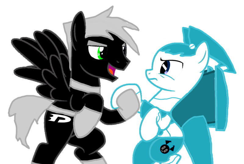 Size: 1142x770 | Tagged: safe, artist:katnekobase, artist:kayman13, derpibooru import, ponified, pegasus, pony, robot, robot pony, base used, crossover, danny phantom, female, holding hooves, image, jenny wakeman, looking at each other, male, mare, my life as a teenage robot, png, simple background, stallion, transparent background