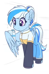 Size: 1200x1800 | Tagged: safe, artist:ravistdash, derpibooru import, oc, oc:ravist, unofficial characters only, pegasus, pony, clothes, ear fluff, female, fluffy, image, jpeg, ponytail, solo, wing hold