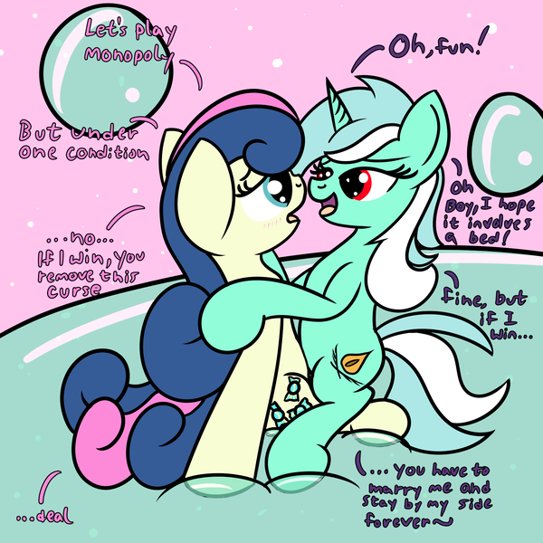 Size: 2000x2000 | Tagged: safe, artist:dafiltafish, derpibooru import, bon bon, lyra heartstrings, sweetie drops, oc, oc:hedone, earth pony, pony, unicorn, comic:day by day, dialogue, image, png, shapeshifter