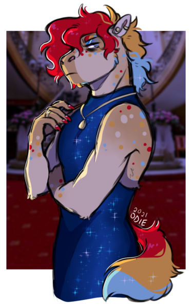 Size: 572x917 | Tagged: safe, artist:halfcrazydaisy, derpibooru import, oc, oc:hill sprint, unofficial characters only, anthro, earth pony, clothes, crossdressing, dress, image, jewelry, magical lesbian spawn, male, nail polish, necklace, offspring, parent:applejack, parent:rainbow dash, parents:appledash, png, solo