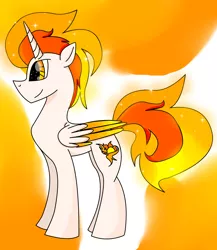 Size: 3280x3784 | Tagged: safe, artist:goldlines005, derpibooru import, oc, oc:sunrise, alicorn, pony, abstract background, alicorn oc, horn, image, jpeg, male, parent:princess celestia, smiling, solo, stallion, two toned wings, wings