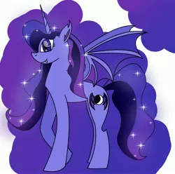 Size: 3228x3200 | Tagged: safe, artist:goldlines005, derpibooru import, oc, oc:moonshine, alicorn, bat pony, bat pony alicorn, pony, abstract background, alicorn oc, bat pony oc, bat wings, ethereal mane, female, horn, image, jpeg, mare, parent:princess luna, raised hoof, solo, starry mane, wings