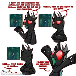 Size: 1318x1318 | Tagged: safe, artist:srmario, derpibooru import, oc, oc:reinflak, changeling, changeling queen, bust, changeling oc, crossed arms, female, image, male, open mouth, png, red eyes, signature, simple background, talking, transparent background