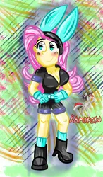 Size: 2100x3600 | Tagged: suggestive, derpibooru import, fluttershy, equestria girls, blushing, breasts, bunny ears, busty fluttershy, cleavage, clothes, costume, dangerous mission outfit, female, gloves, goggles, hoodie, image, jpeg, smiling, solo, solo female