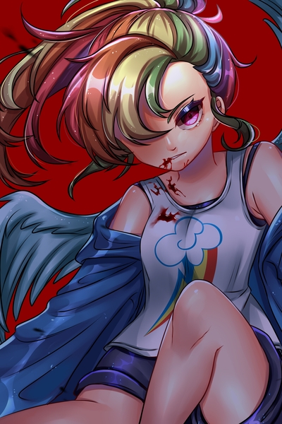 Size: 2000x3000 | Tagged: semi-grimdark, alternate version, artist:hanasakiyunarin, derpibooru import, kotobukiya, rainbow dash, human, alternate hairstyle, blood, clothes, cutie mark, cutie mark on clothes, hair over one eye, humanized, image, jpeg, kotobukiya rainbow dash, pants, red background, short pants, simple background, solo, winged humanization, wings