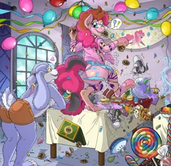 Size: 1400x1353 | Tagged: suggestive, artist:ferret-badger, derpibooru import, gummy, orange frog, pinkie pie, oc, anthro, earth pony, human, pony, rabbit, animal, baked bads, balloon, balloonbutt, banner, butt, cake, candy, canterlot castle interior, cider, clothes, commission, confetti, cookie, cupcake, cutie mark, dancing, digital art, discord statue, eating, food, frog (hoof), fruit, furry, furry oc, glasses, glasses askew, grin, group, hand, happy, hooves, human to pony, ice sculpture, image, indoors, interior, jacket, kicking, leaning on table, lollipop, male, male to female, multiple characters, pancakes, party, pie, plot, png, rule 63, shirt, shoes, shorts, skirt, smiling, sneakers, socks, story in the source, streamers, table dancing, tail, tail wag, torn clothes, transformation, transgender transformation, underhoof