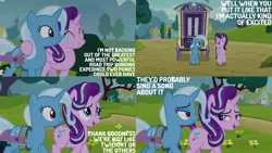 Size: 1280x720 | Tagged: safe, derpibooru import, edit, edited screencap, editor:quoterific, screencap, starlight glimmer, trixie, pony, unicorn, road to friendship, season 8, spoiler:s08, ^^, cute, diatrixes, eyes closed, female, glimmerbetes, image, mare, open mouth, png, smiling, trixie's wagon, wagon, walking