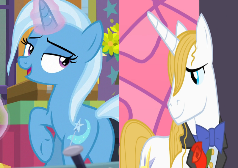 Size: 820x579 | Tagged: safe, derpibooru import, edit, screencap, prince blueblood, trixie, pony, unicorn, road to friendship, the best night ever, bluetrix, butt, cropped, female, image, lidded eyes, male, mare, plot, png, raised hoof, shipping, shipping domino, stallion, straight, underhoof, wet, wet mane