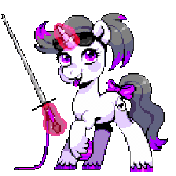 Size: 640x640 | Tagged: safe, artist:hikkage, derpibooru import, oc, oc:hazel radiate, unofficial characters only, pony, unicorn, :p, animated, blinking, bow, commissioner:biohazard, eyelashes, female, gif, highlights, horn, idle animation, image, looking at you, magic, magic aura, mare, one eye closed, pixel art, ponytail, raised hoof, simple background, solo, sunglasses, sword, tail bow, tongue out, transparent background, unicorn oc, unshorn fetlocks, weapon, wink, winking at you