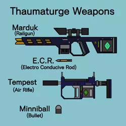 Size: 1024x1024 | Tagged: safe, artist:dice-warwick, derpibooru import, fallout equestria, fallout equestria: dance of the orthrus, air rifle, fanfic art, gun, guns for ponies, high tech weapons, image, jpeg, minniball, railgun, rifle, scope, sniper rifle, submachinegun, weapon