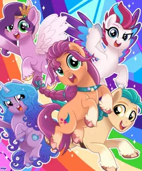 Size: 1242x1491 | Tagged: safe, artist:puyohh, derpibooru import, hitch trailblazer, izzy moonbow, pipp petals, sunny starscout, zipp storm, earth pony, pegasus, pony, unicorn, abstract background, adorapipp, adorazipp, blaze (coat marking), braid, coat markings, cute, facial markings, female, g5, hitchbetes, hoof fluff, image, izzybetes, jpeg, looking at you, male, mane five (g5), mare, open mouth, pale belly, rainbow, socks (coat marking), sparkles, stallion, sunnybetes, unshorn fetlocks, wings