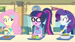 Size: 3410x1920 | Tagged: safe, derpibooru import, screencap, fluttershy, rarity, sci-twi, twilight sparkle, best trends forever, equestria girls, equestria girls series, apple, best trends forever: twilight sparkle, bowtie, burger, clothes, cutie mark, cutie mark on clothes, female, food, geode of fauna, geode of telekinesis, glasses, hairpin, hay burger, image, jewelry, jpeg, magical geodes, necklace, open mouth, ponytail, salad, sandwich
