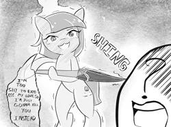 Size: 1769x1316 | Tagged: safe, artist:solid shrimp, derpibooru import, limestone pie, oc, oc:anon, pony, female, flustered, image, mare, monochrome, png, solo, spear, weapon, yandere