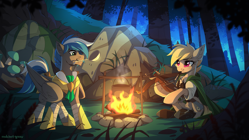 Size: 3000x1688 | Tagged: safe, artist:redchetgreen, derpibooru import, oc, oc:cloud zapper, unnamed oc, unofficial characters only, earth pony, pegasus, armor, campfire, crossbow, cutie mark, duo, fire, food, forest, grass, image, log, mouth hold, night, png, pot, rock, scenery, tree, weapon