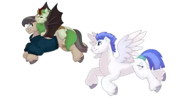 Size: 1280x732 | Tagged: safe, artist:itstechtock, derpibooru import, oc, oc:waxing lyrical, unofficial characters only, bat pony, kirin, pegasus, pony, flying, image, male, png, simple background, stallion, transparent background