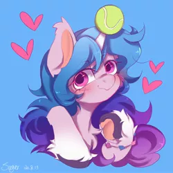 Size: 2000x2000 | Tagged: safe, artist:tangxi_0, derpibooru import, izzy moonbow, pony, unicorn, ball, blue background, blushing, bracelet, coat markings, cute, female, g5, heart, high res, hoof fluff, horn, horn guard, horn impalement, hornball, image, izzy's tennis ball, izzybetes, jewelry, jpeg, looking at you, mare, simple background, socks (coat marking), solo, tennis ball, unshorn fetlocks