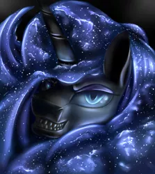 Size: 1516x1700 | Tagged: safe, artist:com3tfire, derpibooru import, nightmare moon, alicorn, bust, digital art, image, looking at you, png, portrait, smiling