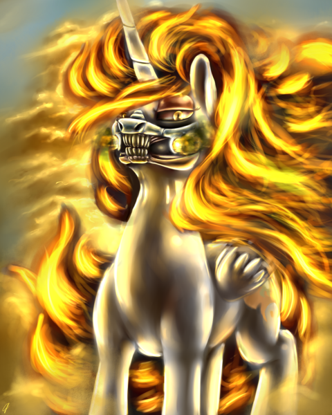 Size: 1600x2000 | Tagged: safe, artist:com3tfire, derpibooru import, daybreaker, alicorn, evil, fire, image, looking at you, mad max, png