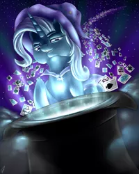 Size: 1600x2000 | Tagged: safe, artist:com3tfire, derpibooru import, trixie, unicorn, card, hat, image, light, looking at you, magic, png, smiling, smiling at you