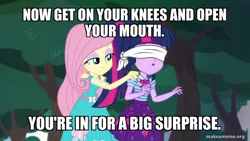 Size: 800x450 | Tagged: suggestive, derpibooru import, edit, edited screencap, screencap, fluttershy, sci-twi, twilight sparkle, equestria girls, equestria girls series, stressed in show, blindfold, caption, image, image macro, makeameme.org, png, text