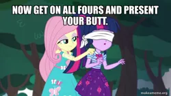 Size: 800x450 | Tagged: suggestive, derpibooru import, edit, edited screencap, screencap, fluttershy, sci-twi, twilight sparkle, equestria girls, equestria girls series, stressed in show, blindfold, caption, image, image macro, makeameme.org, png, text