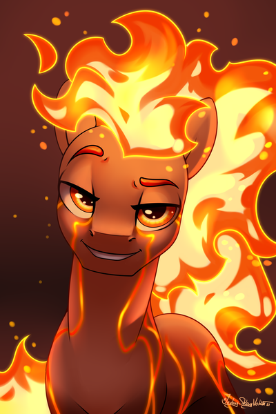 Size: 2000x3000 | Tagged: safe, artist:jedayskayvoker, derpibooru import, oc, unnamed oc, pony, bust, eyebrows, fire, icon, image, looking at you, male, mane on fire, patreon, patreon reward, png, portrait, solo, stallion