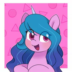 Size: 1412x1412 | Tagged: safe, artist:ch-chau, derpibooru import, izzy moonbow, pony, unicorn, abstract background, blushing, bust, circle, cute, female, g5, image, izzybetes, jpeg, looking at you, mare, open mouth, portrait, solo, triangle