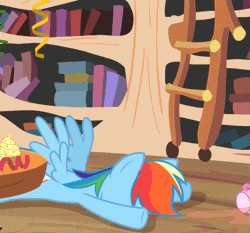 Size: 531x495 | Tagged: safe, derpibooru import, screencap, pinkie pie, rainbow dash, pony, daring don't, animated, book, bookshelf, cake, cup, duo, female, fez, food, gif, golden oaks library, hat, hoof hold, image, ladder, library, magnetic hooves, party, party hat, sad, smiling, spilled drink, spread wings, teacup, unamused, wings
