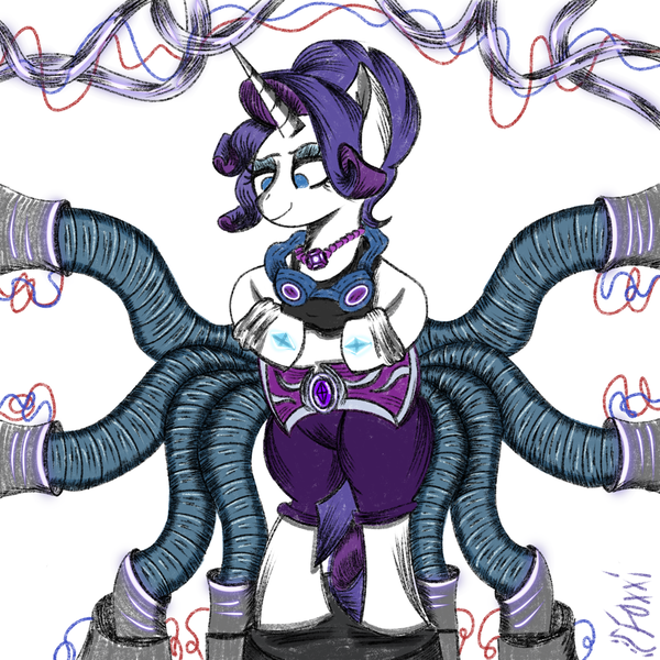 Size: 2048x2048 | Tagged: safe, artist:blazep0ny, derpibooru import, rarity, monster pony, octopony, original species, pony, unicorn, alternate universe, belt, colored sketch, cute, doctor octopus, evil rarity, goggles, image, laboratory, png, robot arms, tentacles, villainess