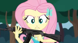 Size: 1280x720 | Tagged: safe, artist:edy_january, derpibooru import, edit, edited screencap, screencap, vector edit, fluttershy, equestria girls, ak-74m, angry, assault rifle, call of duty, firearms, gun, hunter, hunting, image, png, rifle, solo, vector, weapon