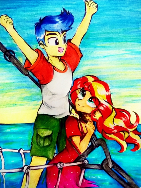 Size: 2256x3008 | Tagged: safe, artist:liaaqila, derpibooru import, flash sentry, sunset shimmer, equestria girls, equestria girls series, spring breakdown, spoiler:eqg series (season 2), female, flashimmer, image, jpeg, male, reference, shipping, straight, titanic