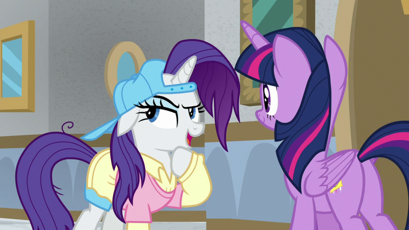 Size: 1920x1080 | Tagged: safe, derpibooru import, screencap, rarity, twilight sparkle, twilight sparkle (alicorn), alicorn, pony, unicorn, friendship university, season 8, spoiler:s08, alternate hairstyle, backwards ballcap, baseball cap, butt, cap, clothes, disguise, female, hat, image, mare, plainity, plot, png, twibutt