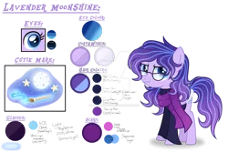 Size: 1280x853 | Tagged: safe, artist:purplepotato04, derpibooru import, oc, oc:lavender moonshine, earth pony, pony, clothes, female, glasses, image, mare, png, reference sheet, scarf, simple background, solo, transparent background