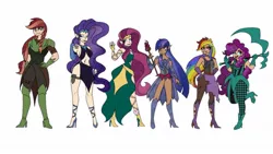 Size: 1280x720 | Tagged: safe, artist:starpuffs16, derpibooru import, applejack, fluttershy, nightmare rarity, pinkie pie, rainbow dash, rarity, twilight sparkle, human, alternate hairstyle, armor, belly button, boots, bra, clothes, commission, dark skin, dress, elf ears, female, grin, high heel boots, high heels, humanized, image, jewelry, jpeg, leggings, lipstick, makesup, mane six, midriff, nightmare applejack, nightmare fluttershy, nightmare mane 6, nightmare pinkie, nightmare r, nightmare rainbow dash, nightmare twilight, nightmarified, open mouth, pants, regalia, scythe, shirt, shoes, simple background, skirt, smiling, staff, underwear, white background