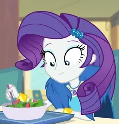 Size: 1360x1412 | Tagged: safe, derpibooru import, screencap, rarity, best trends forever, equestria girls, equestria girls series, cropped, food, image, jpeg, salad, solo