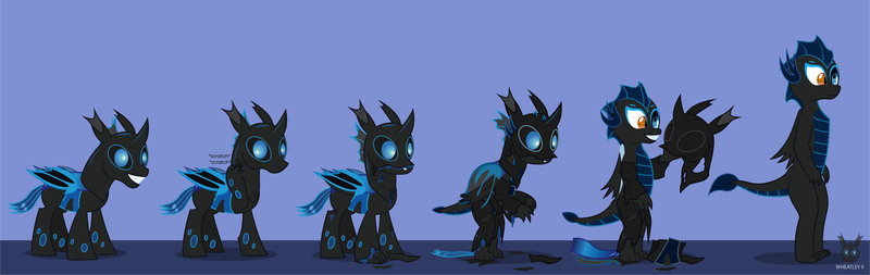 Size: 4200x1326 | Tagged: safe, artist:wheatley r.h., derpibooru import, oc, oc:w. rhinestone eyes, unofficial characters only, changeling, dragon, bat wings, changeling oc, clone, dragoness, dragoness wheatley, dragon oc, exoskeleton, fangs, female, heterochromia, image, jpeg, scratching, sequence, shedding, simple background, smiling, solo, transformation, transformation sequence, wings