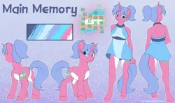 Size: 5302x3149 | Tagged: safe, artist:breioom, derpibooru import, oc, oc:main memory, anthro, pony, unguligrade anthro, unicorn, clothes, cutie mark, dress, female, front view, image, png, pride, pride flag, rear view, reference sheet, signature, trans female, transgender, transgender pride flag