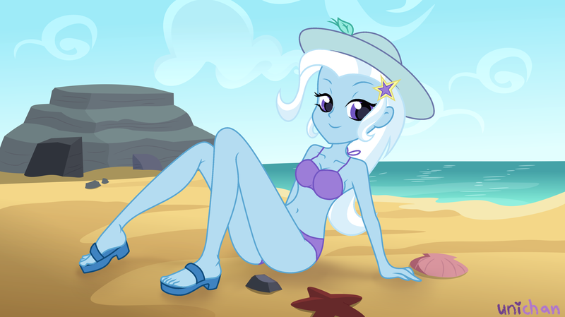 Size: 3832x2152 | Tagged: safe, artist:unichan, derpibooru import, trixie, starfish, equestria girls, beach, bedroom eyes, belly button, bikini, bikini bottom, bikini top, clothes, commission, feet, female, hat, image, jewelry, ocean, piercing, png, rock, sandals, seashell, sitting, sleeveless, solo, sun hat, swimsuit, water, ych result