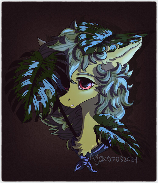 Size: 2149x2484 | Tagged: safe, artist:ajax, artist:willdrawhere, derpibooru import, oc, oc:mirta whoowlms, earth pony, pony, bust, dark, image, jpeg, leaves, mostera leaves, portrait, solo