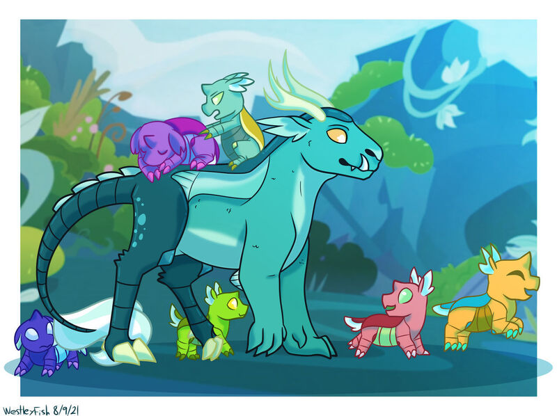 Size: 1280x957 | Tagged: safe, artist:quincydragon, derpibooru import, oc, oc:cerci, oc:coxal, oc:dewdrop, oc:drone, oc:hexa, oc:perennial, oc:stemma, unofficial characters only, dragonling, hybrid, image, interspecies offspring, jpeg, magical gay spawn, offspring, parent:garble, parent:pharynx