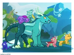 Size: 1280x957 | Tagged: safe, artist:quincydragon, derpibooru import, oc, oc:cerci, oc:coxal, oc:dewdrop, oc:drone, oc:hexa, oc:perennial, oc:stemma, unofficial characters only, dragonling, hybrid, image, interspecies offspring, jpeg, magical gay spawn, offspring, parent:garble, parent:pharynx