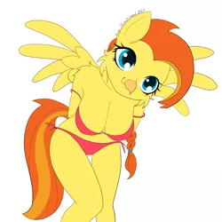 Size: 1080x1080 | Tagged: suggestive, artist:fajnyziomal, derpibooru import, oc, oc:goldenflow, unofficial characters only, anthro, hippogriff, bikini, breasts, cleavage, clothes, image, looking at you, png, smiling, solo, spread wings, swimsuit, wings