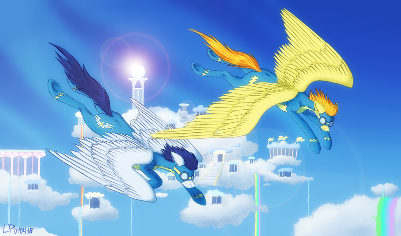 Size: 3400x2000 | Tagged: safe, artist:ajax, artist:ajaxorsomething, artist:willdrawhere, derpibooru import, soarin', spitfire, pegasus, pony, blue sky, clothes, cloudsdale, flying, image, png, rainbow, sun, sunny, uniform, wonderbolts, wonderbolts uniform